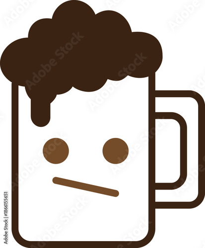 Minimalist vector illustration of a bored beer mug mascot with a neutral, unimpressed facial expression and frothy brown head, ideal for beverage icons.
