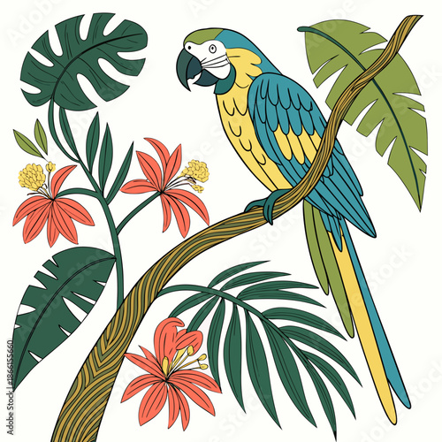 Exotic Tropical Parrot Vector Character with Bright Colorful Feathers Sitting on a Perch in the Wild
