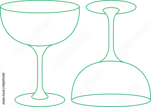 Stylish green outline vector illustration of two classic coupe cocktail glasses, one standing and one inverted, ideal for elegant bar and retro party themes.