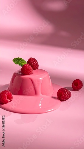 Pink Dessert Pudding with Raspberries and Mint Garnishing