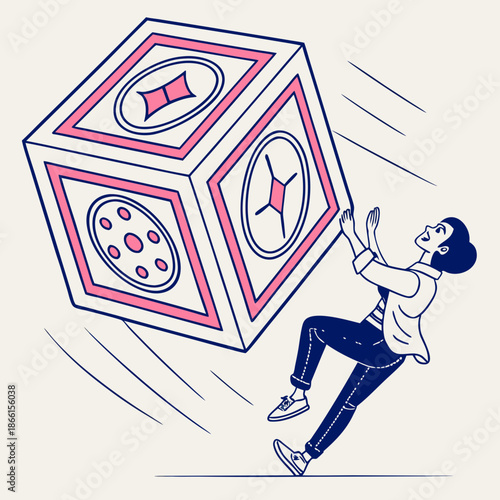 Geometric Vector Art of a 3D Cube Floating in Mid Air, Abstract Mathematical Shape with Minimalistic Modern Design and Shadow