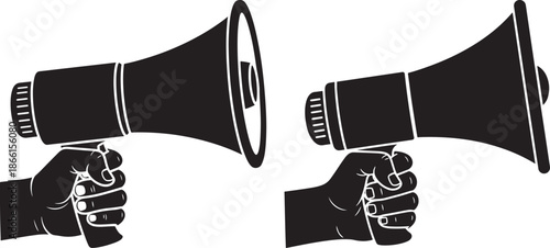 Two hand holding megaphone silhouette communication