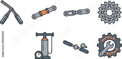 Professional bike repair and cycling icons. Flat vector set featuring hex keys, tire pumps, and gear symbols. High-quality orange and black graphics isolated on white background.