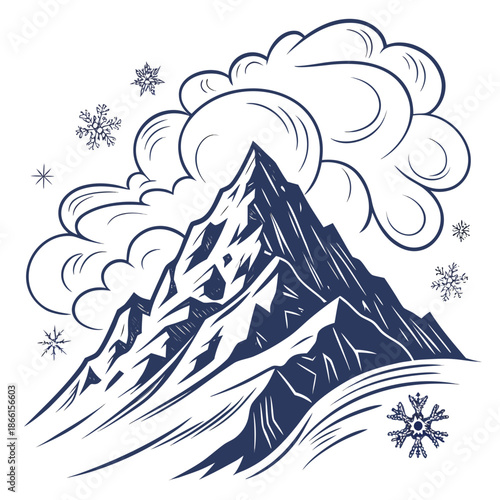 Majestic Frozen Mountain Summit Vector Design - Minimalist Winter Landscape with Clouds and Snow