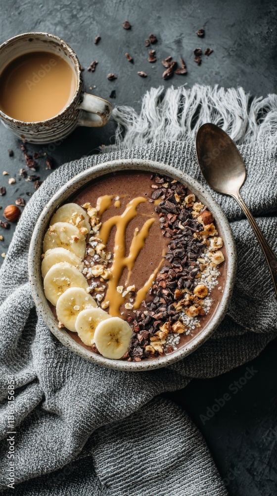 Fototapeta premium Top down view of a rich chocolate banana smoothie bowl decorated with cacao nibs, crushed hazelnuts, and a drizzle of almond butter, cozy morning vibes