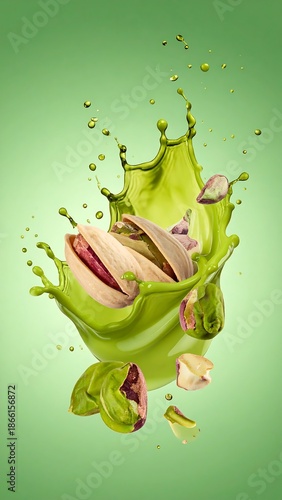 Pistachio Nut Splashing in Green Liquid Food Photography