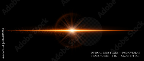 Horizontal optical lens flare with glowing dust and luminous beam. Great for cinematic overlays, highlight accents, and futuristic design compositions.
