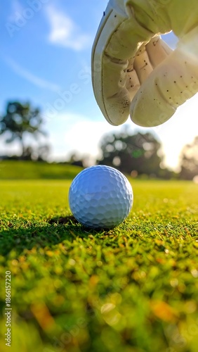 Placing Golf Ball on Green with Gloved Hand Sunny Day