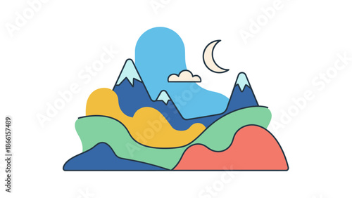 Abstract colorful landscape with mountains and moon at night