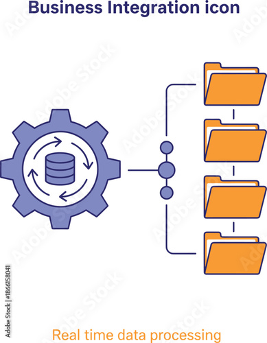 Business integration icon for real time data processing with gear and digital folders