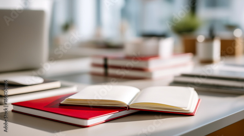 Notebook on a desk with stacks of books and a computer nearby in an office setting