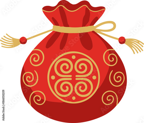 Traditional Korean Lucky Bag with Red and Gold Pattern Symbolizing Fortune and Prosperity