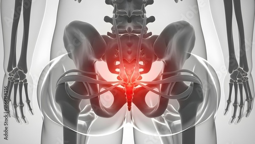 Human Pelvis and Lower Spine Anatomy with Highlighted Sciatica Pain Area