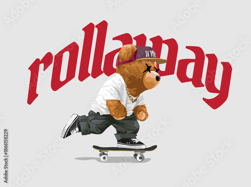 bear doll riding skateboard graphic vector illustration