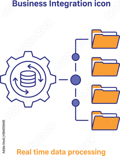 Business integration icon for real time data processing with gear and folders
