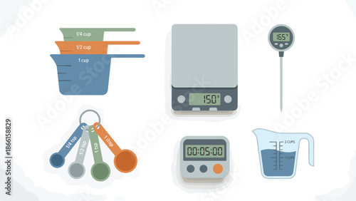 Kitchen Measurement Tools Illustration - Scales, Timers, and Measuring Cups