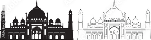 Indian Palace or Temple Black Silhouette and Outline Vector Graphic isolated PNG with Transparent Background
