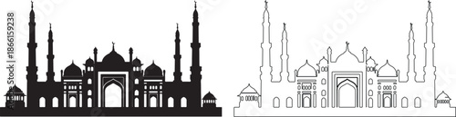 Taj Mahal Silhouette and Outline Vector Illustration isolated PNG with Transparent Background