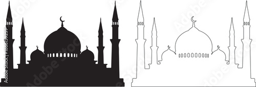 Mosque Silhouette and Outline Vector Illustration for Islamic Design isolated PNG with Transparent Background