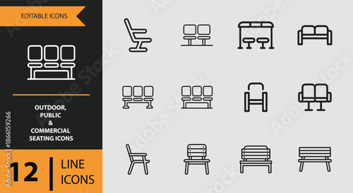 A set of 12 editable line icons depicting various outdoor, public, and commercial seating options for modern designs