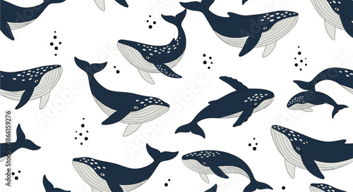 Seamless whale pattern vector with stylized marine mammals swimming repeatable ocean background illustration
