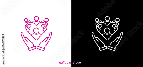 Hand holding heart with human people. Editable stroke heart with hand, family, medical vector design to use for healthcare, healthy lifestyle, medical laboratory, cardiology project.