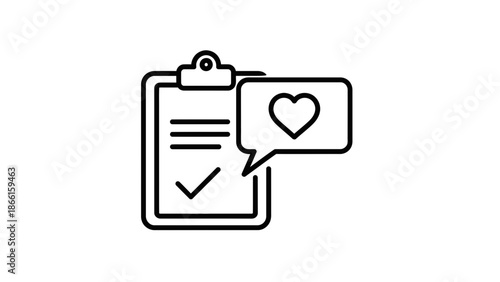 Clipboard checklist with checkmark and speech bubble heart icon, feedback concept