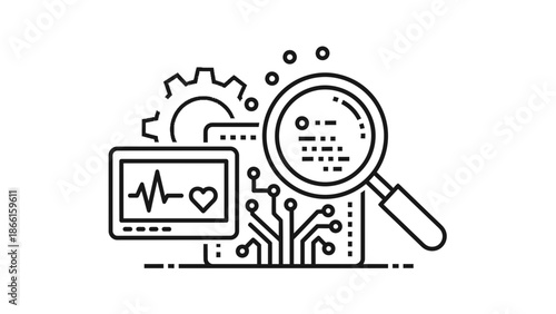 Digital Health Technology Icon: ECG Monitor, Circuit Board, Magnifying Glass, Gear