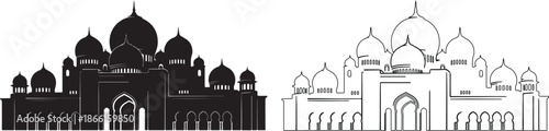 Black Mosque Silhouette and Outline Minimalist Vector Illustration isolated PNG with Transparent Background