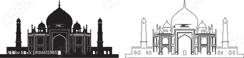 Black Taj Mahal Silhouette and Outline Vector Icon Set isolated PNG with Transparent Background