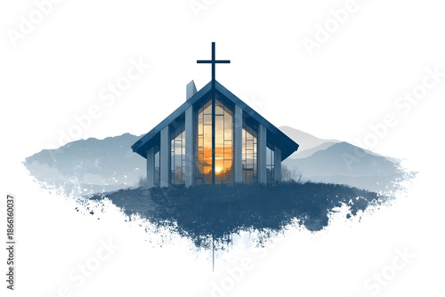 Logo for a modern church in the mountains with cross.