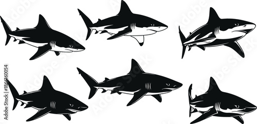Shark silhouette vector set with multiple swimming poses isolated on white background marine wildlife illustration