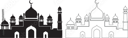 Minimalist Black Mosque Silhouette and Outline Vector Icon for Islamic Design isolated PNG with Transparent Background