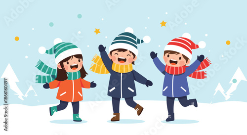 Children playing in the snow during winter season.