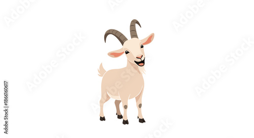 A cute cartoon goat with big horns and a happy expression.