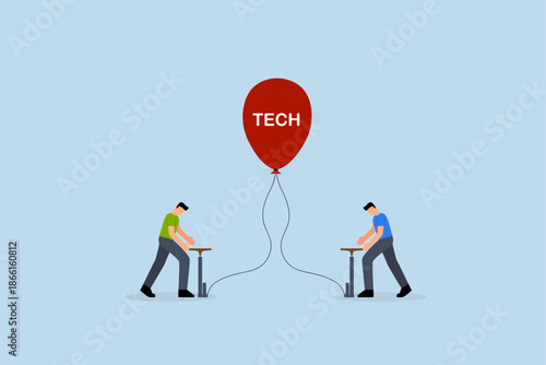 Tech stock bubble, traders investors take risk by inflating ready balloon with word TECH.