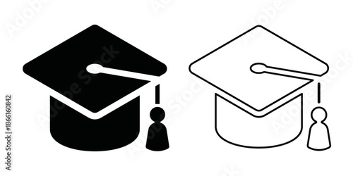 Minimalist Solid and Outline Graduation or academic cap Symbol set vector stock illustration