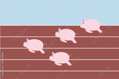Mutual funds, pink piggy banks running quick to reach target, they compete on race track and field way to win the back cash diversion