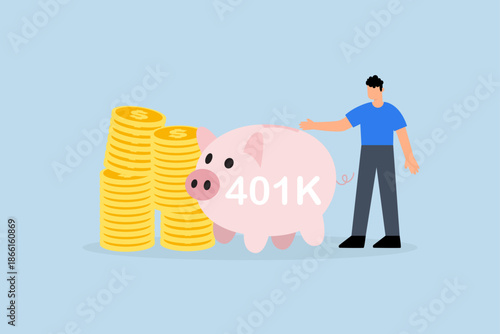 Retirement 401K investment, cheerful youthful businessman financial specialist stand with affluent brilliant pink piggy with word 401K and dollar cash coin stack