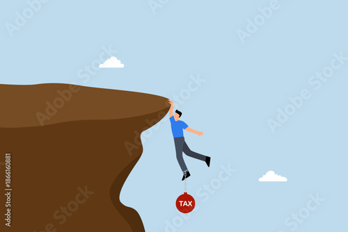 Salaryman income tax payment, tired discouraged businessman holding briefcase holding and approximately to drop from cliff tied with overwhelming ball with content Charge