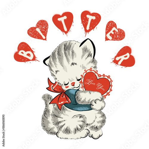 Cute retro cat illustration with graffiti hearts