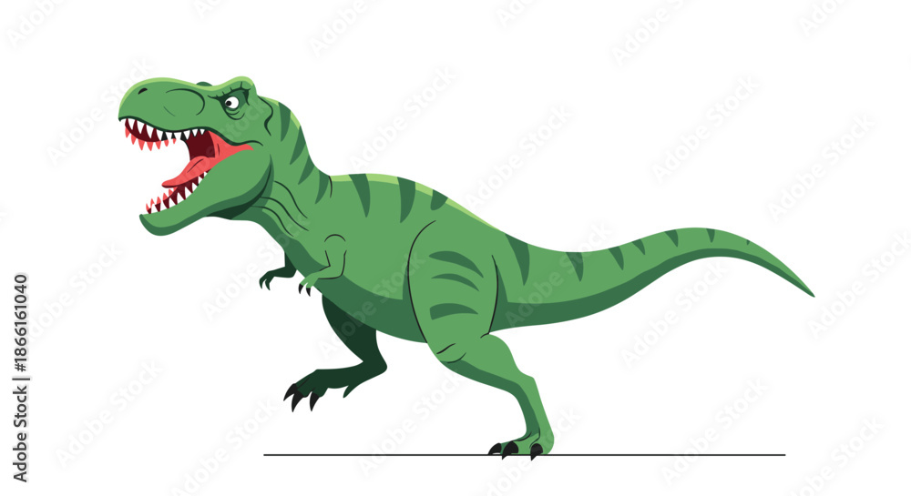 Obraz premium Green Tyrannosaurus Rex Dinosaur Roaring with Sharp Teeth.
