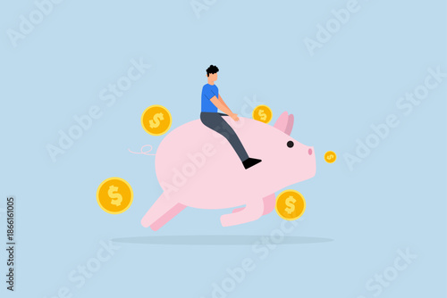 Financial , Businessman investor riding a pink piggy bank with dollar coins