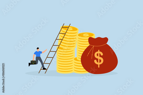 Ladder of success in financial target, Businessman climbs the ladder to the top of heap of money coins, achieving affluent and wealthy aims