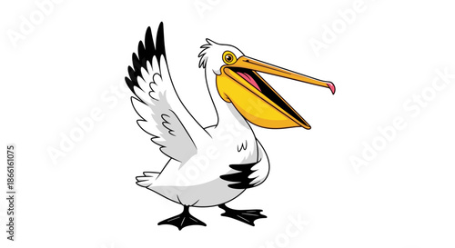 Cartoon Pelican Bird with Open Beak and Yellow Pouch.