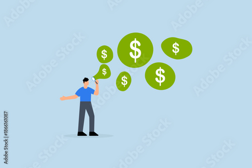 Stock market bubble, greedy businessman investors blow bubbles with dollar sign money into the air