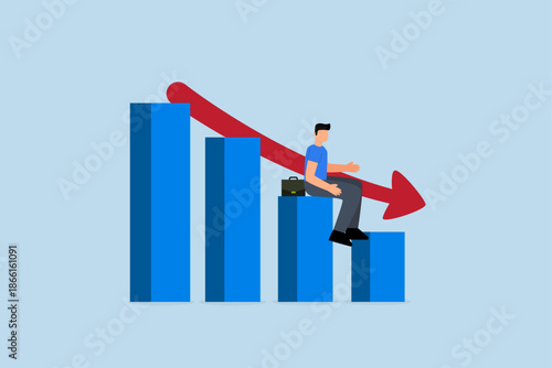 Economic recession, business owner seated on a falling down bar graph and a red arrow