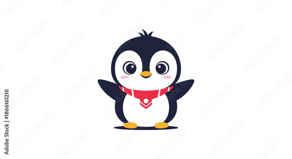 Obraz premium Cute cartoon penguin with red scarf illustration.