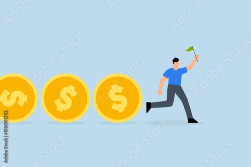 Cash flow, Businessman leader holding flag control flow of money Dollar coins