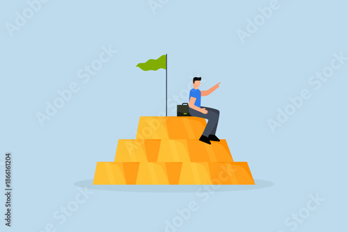 Gold investment, businessman, wealth manager, trader, or wealthy investor sits atop a stack of gold bar bullion